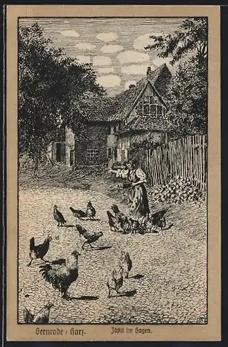 Künstler-AK Gernrode /Harz, Idyll im Hagen, Bauernhaus mit Hühnern