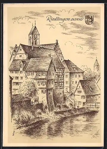 Künstler-AK Riedlingen /Donau, Ortsansicht mit Fluss