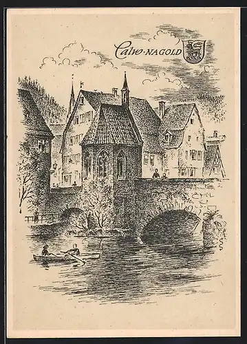 Künstler-AK Calw-Nagold /Baden Württemberg, Ortspartie mit Brücke