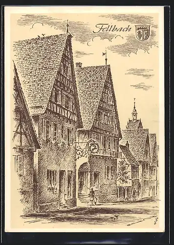 Künstler-AK Fellbach, Strassenpartie mit Fachwerkhäusern