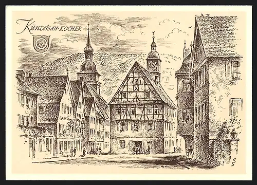 Künstler-AK Künzelsau /Kocher, Strassenpartie mit Fachwerkhäusern