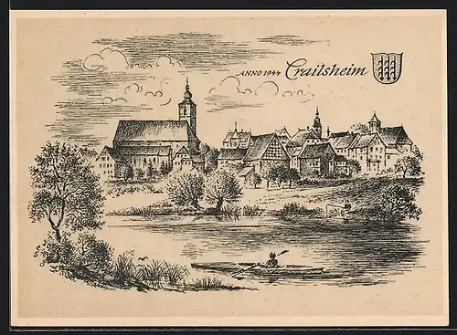 Künstler-AK Crailsheim, Ortsansicht anno 1944, Wappen