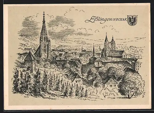 Künstler-AK Esslingen am Neckar /Baden Württemberg, Teilansicht mit Kirche
