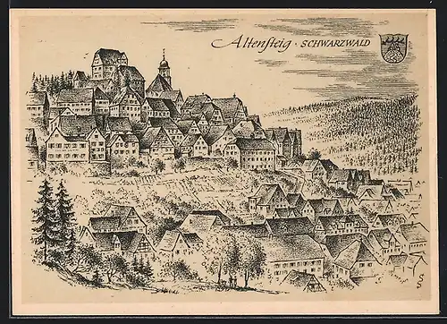 Künstler-AK Altensteig /Schwarzw., Ortsansicht mit Umgebung, Wappen