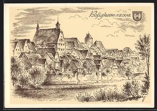 Künstler-AK Besigheim /Neckar, Partie am Ufer, Wappen