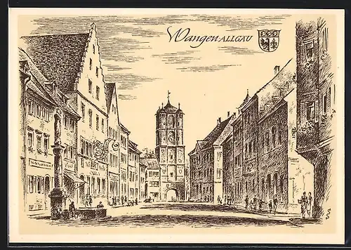 Künstler-AK Wangen i. Allgäu, Marktplatz mit Uhrenturm