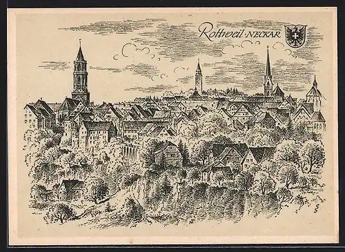 Künstler-AK Rottweil /Neckar, Ortsansicht mit Kirche, Wappen