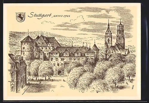 Künstler-AK Stuttgart, Ortsansicht Anno 1944