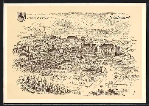Künstler-AK Stuttgart, Ortsansicht Anno 1592, Wappen