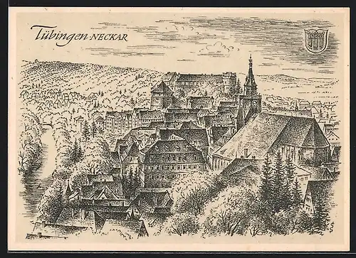 Künstler-AK Tübingen /Neckar, Ortsansicht von einer Anhöhe mit Burg und Bergen