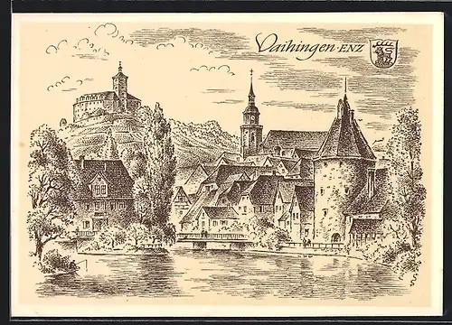 Künstler-AK Vaihingen /Enz, Flusspartie mit Häusern und Turm
