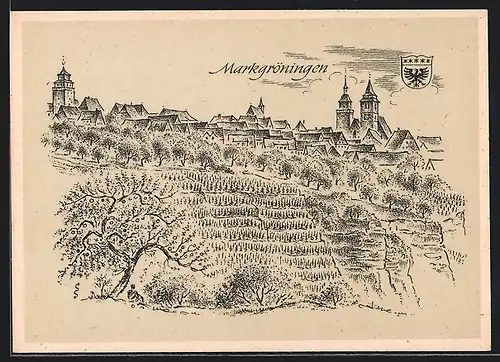 Künstler-AK Markgröningen, Gesamtansicht, Wappen