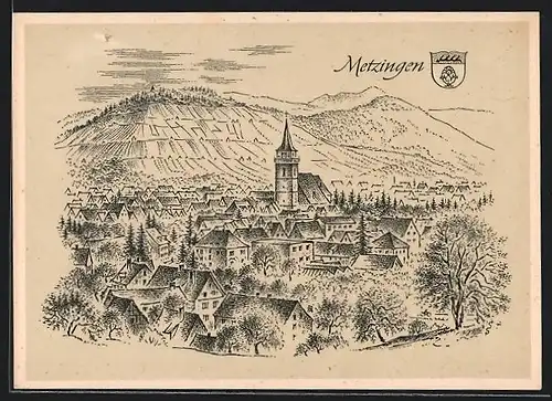 Künstler-AK Metzingen, Totalansicht der Stadt