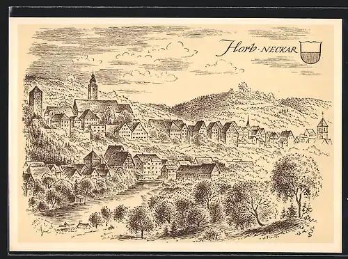 Künstler-AK Horb /Neckar, Ortsansicht aus der Vogelschau, Wappen