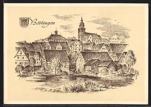 Künstler-AK Böblingen, Partie am Ufer mit Kirche, Wappen