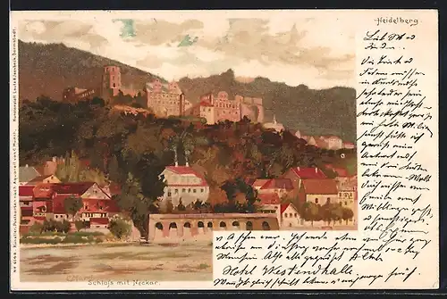 Lithographie Heidelberg, Teilansicht mit Schloss