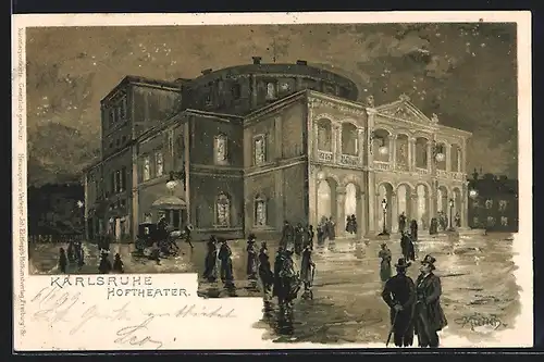 Künstler-Lithographie Carl Münch: Karlsruhe, Partie am Hoftheater