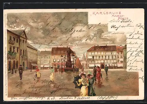 Künstler-Lithographie Carl Münch: Karlsruhe, Partie am Marktplatz
