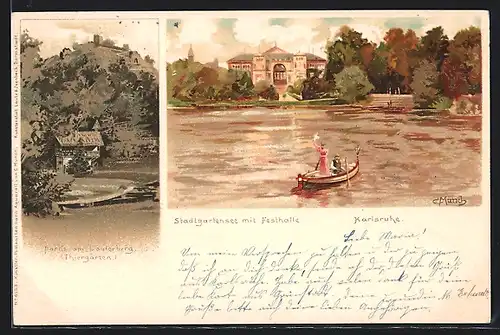 Künstler-AK Carl Münch: Karlsruhe, Lauterberg, Stadtgartensee mit Festhalle
