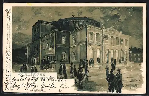 Künstler-AK Carl Münch: Karlsruhe, Hoftheater mit Theaterbesuchern bei Regenwetter