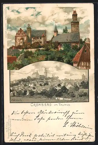 Künstler-AK Carl Münch: Cronberg /Taunus, Panorama und Burg