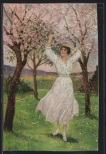 Künstler-AK Alfred Mailick: Blütenschnee, Junge Dame unter blühenden Bäumen