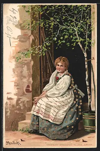 Künstler-AK Alfred Mailick: Dame im Kleid sitzt auf der Treppe neben einer Birke