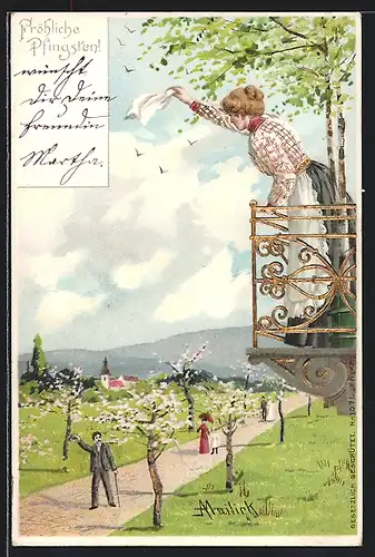 Künstler-AK Alfred Mailick: Frau winkt einem Herrn vom Balkon