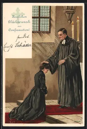 Künstler-Lithographie Alfred Mailick: Glückwunsch zur Confirmation, Konfirmandin und Pastor