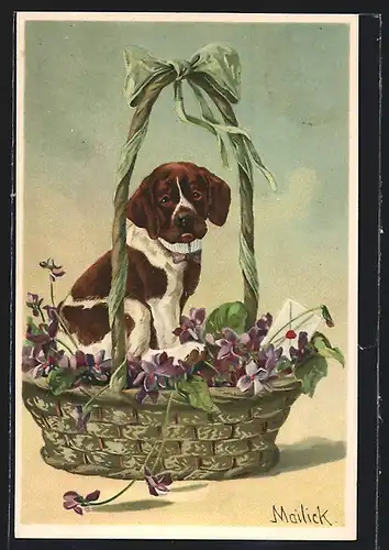 Künstler-AK Alfred Mailick: Hund sitzt im Blumenkorb