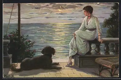 Künstler-AK Alfred Mailick: Elegante Frau sitzt mit Hund auf der Terrasse am Wasser