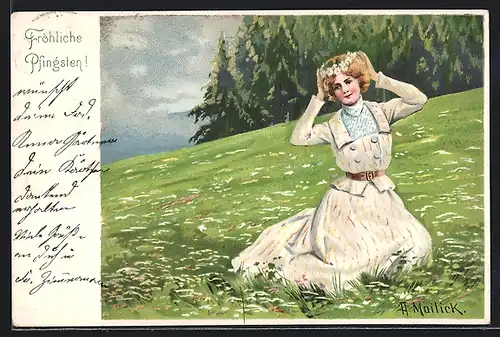 Künstler-AK Alfred Mailick: Pfingstgruss, Junge dame mit Blumenkranz im Haar