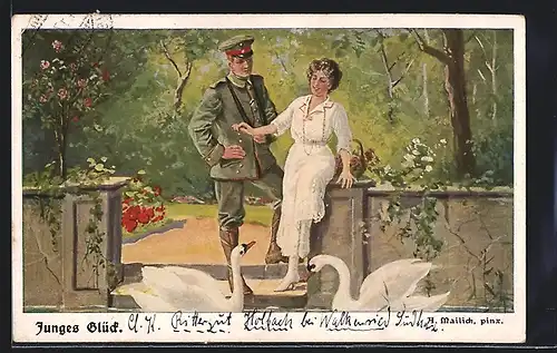 Künstler-AK Alfred Mailick: Soldat und Braut, Schwanenpaar
