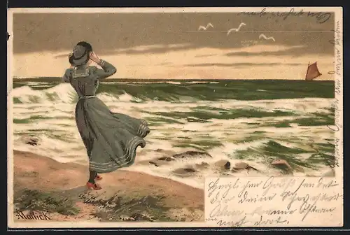 Künstler-AK Alfred Mailick: Junge Frau am Meer hält Ausschau nach einem Schiff