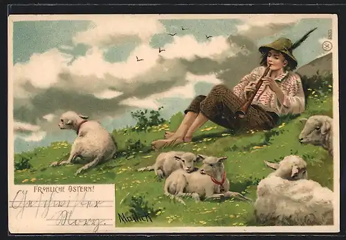 Künstler-Lithographie Alfred Mailick: Hirte mit Flöte und Lämmern, Ostergruss