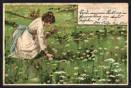 Künstler-AK Alfred Mailick: Junge Frau beim Pflücken von Blumen