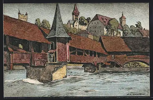 Künstler-AK Ernst E. Schlatter: Luzern, Blick auf die Spreuerbrücke