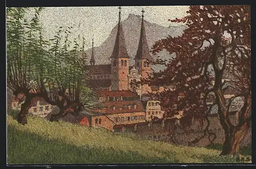 Künstler-AK Ernst E.Schlatter: Luzern, Hofkirche gegen die Rigi