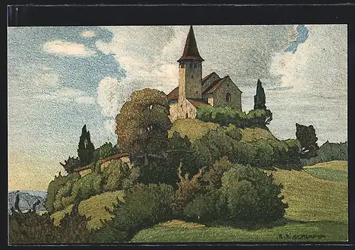 Künstler-AK Ernst E.Schlatter: Büsingen, Blick auf die alte Kirche
