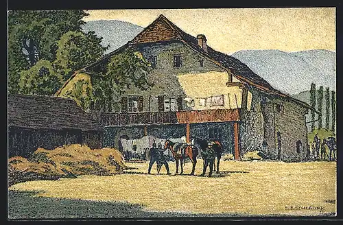 Künstler-AK Ernst E. Schlatter: Kestenholz, Bauernhof mit Soldaten in Uniformen u. Pferden