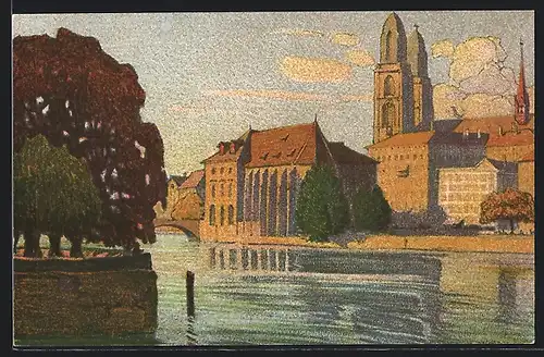 Künstler-Lithographie Ernst E. Schlatter: Zürich, Blick auf Alt-Zürich