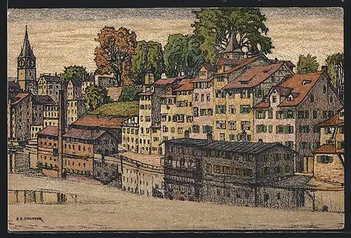 Künstler-AK Ernst E. Schlatter: Zürich, Schipfe und St. Peter