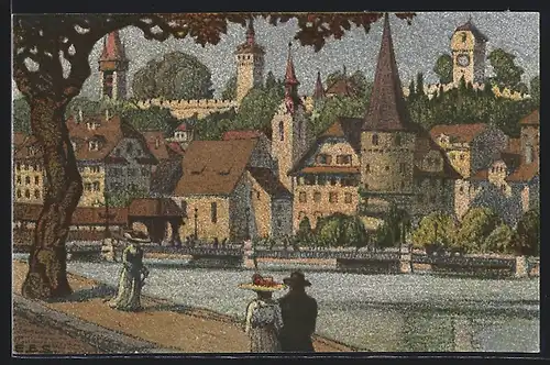 Künstler-AK Ernst E. Schlatter: Musegg, gesehen vom Bahnhof aus