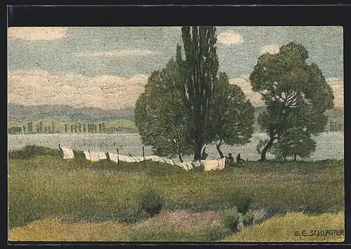 Künstler-AK Ernst E. Schlatter: Gottlieben, Partie am Ufer