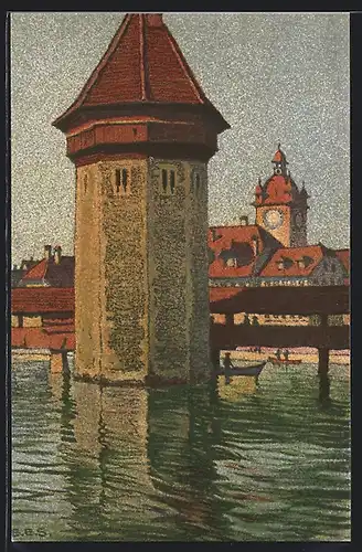 Künstler-AK Ernst E. Schlatter: Luzern, Wasserturm mit Blick zum Rathaus