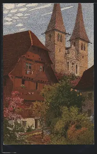 Künstler-AK Ernst E. Schlatter: Zürich, Hofkirche mit dem alten Kaplanenhaus