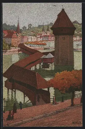Künstler-AK Ernst E.Schlatter: Luzern, Kapellbrückegegen das Schweizerhofquai