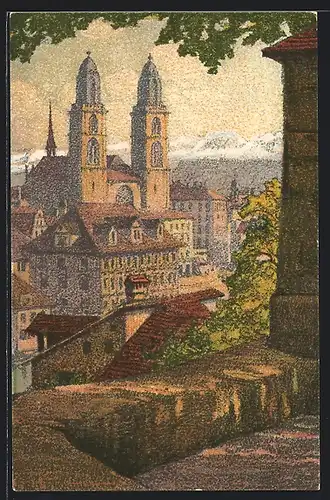 Künstler-AK Ernst E. Schlatter: Zürich, Blick auf das Grossmünster