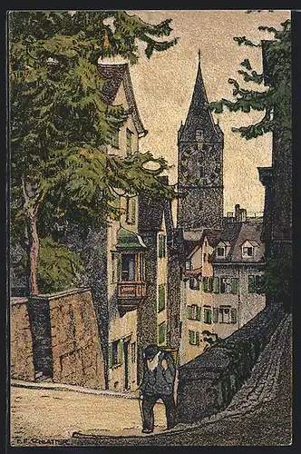 Künstler-AK Ernst E. Schlatter: Zürich, Pfalzgasse mimt St. Peter