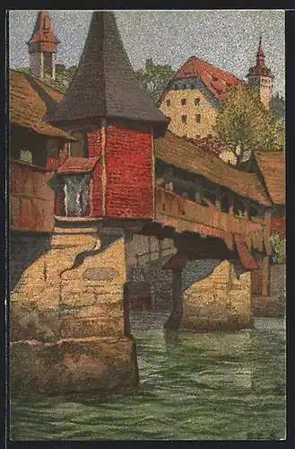 Künstler-AK Ernst E. Schlatter: Luzern, Ansicht der Totentanzbrücke